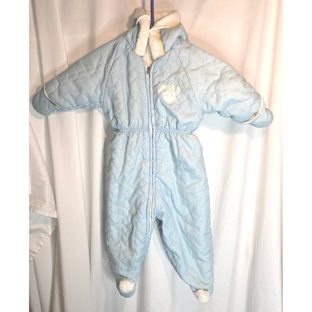 Sears Vintage Snowsuit 2T Blue Quilted Mittens Snowman Patch 36" L x 17" W